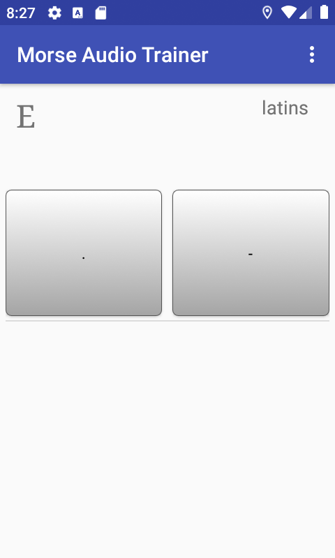 Morse Audio Trainer practice screen showing a character with separate dot and dash controls